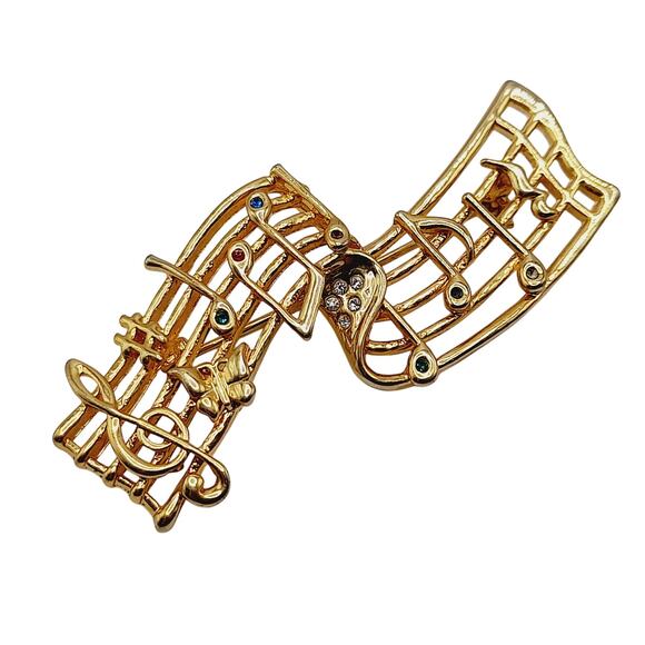 Vintage Musical Notes Brooch Gold Tone Music Staff Pin with Rhinestones – 2.75” - Picture 7 of 8